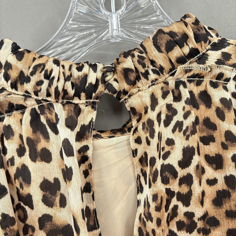TCEC Dress Small Brown Leopard Long Sleeve Smocked Tiered Ruffle Fit Mini - Picture 10 of 11